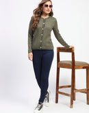 Madame Self-Designed Crew Neck Button Down Olive Green Cardigan