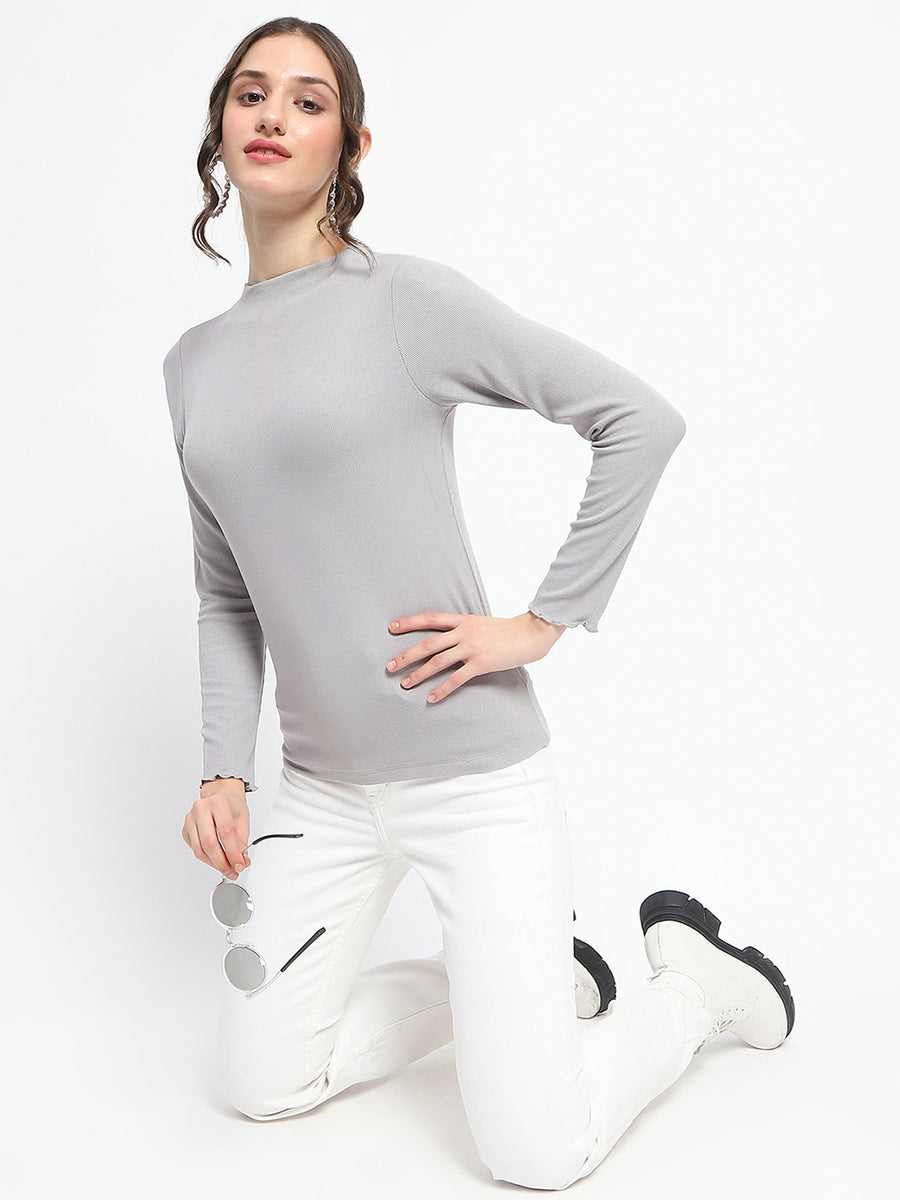 Madame High Neck Full Sleeve Solid Grey Top