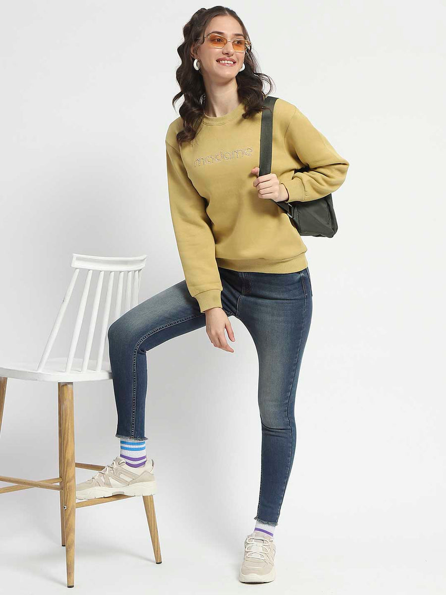 Madame Fleece Handwork And Embroidered Golden Yellow Sweatshirt  For Women