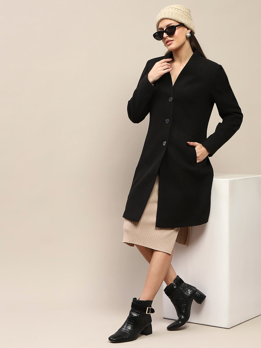 Madame Melange Side Inseam Pocketed Black Long Coat