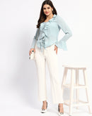 Madame Solid Sky Blue Ruffle Neck Bell Sleeve Top