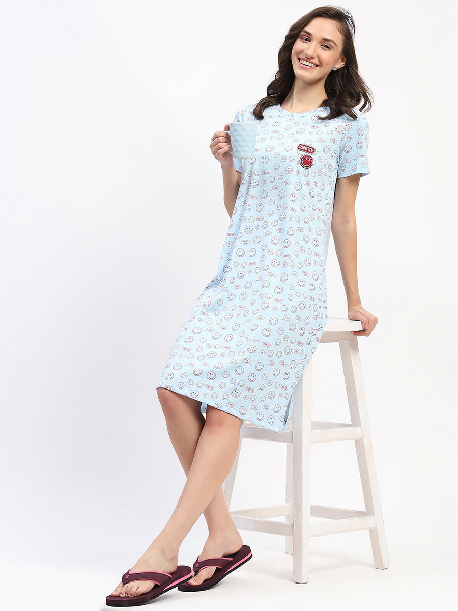 mSECRET Sky Blue Smiley Print Short-Sleeve Cotton Nightdress