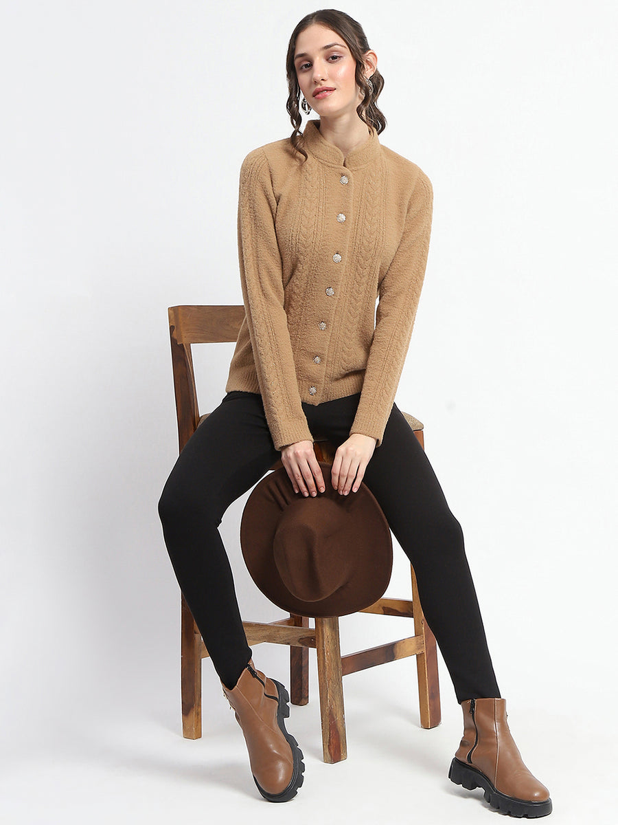 Madame Button Down Cable Knit Solid Khaki Cardigan