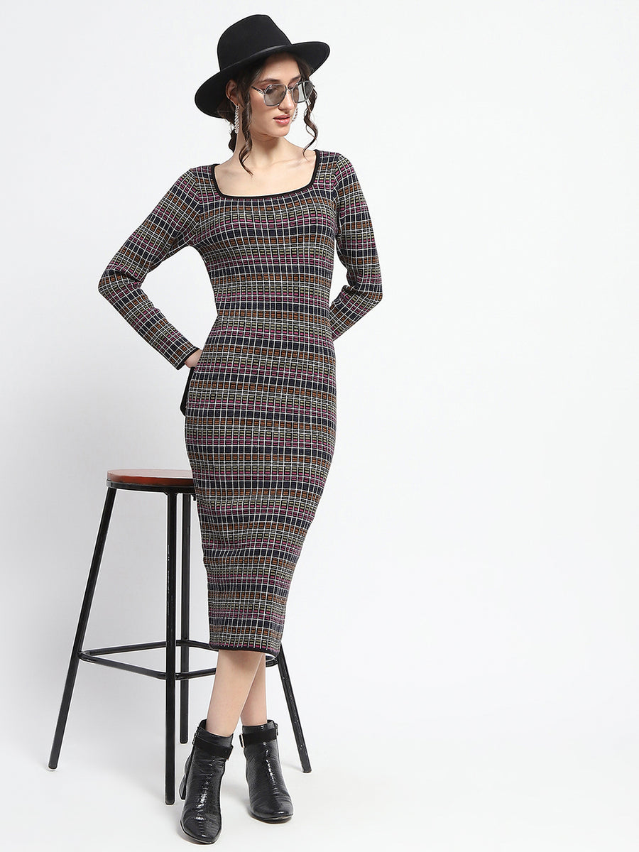 Madame Plaid Print Bodycon Multicolor Midi Dress