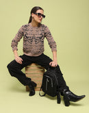 Madame Printed Crew Neck Full Sleeve Brown Sweater