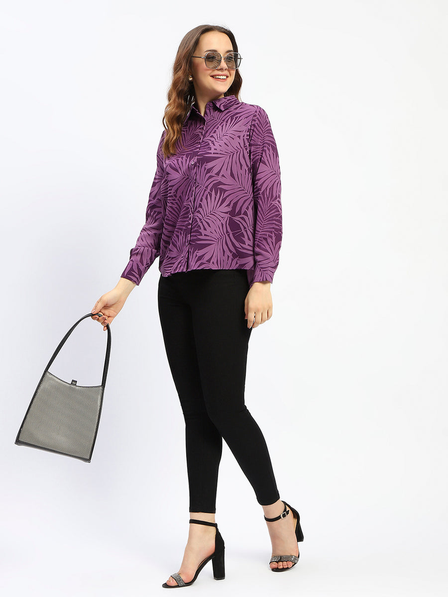 Madame Leaf Print Button-Down Purple Shirt