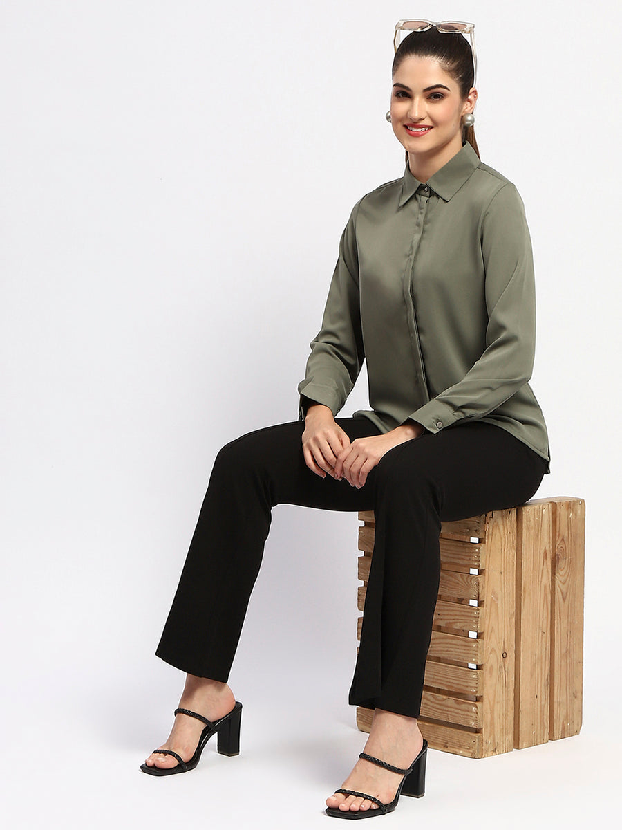 Madame Solid Green Cuff Sleeve Shirt