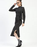 Madame Black Textured Bodycon Dress with Long Sleeves