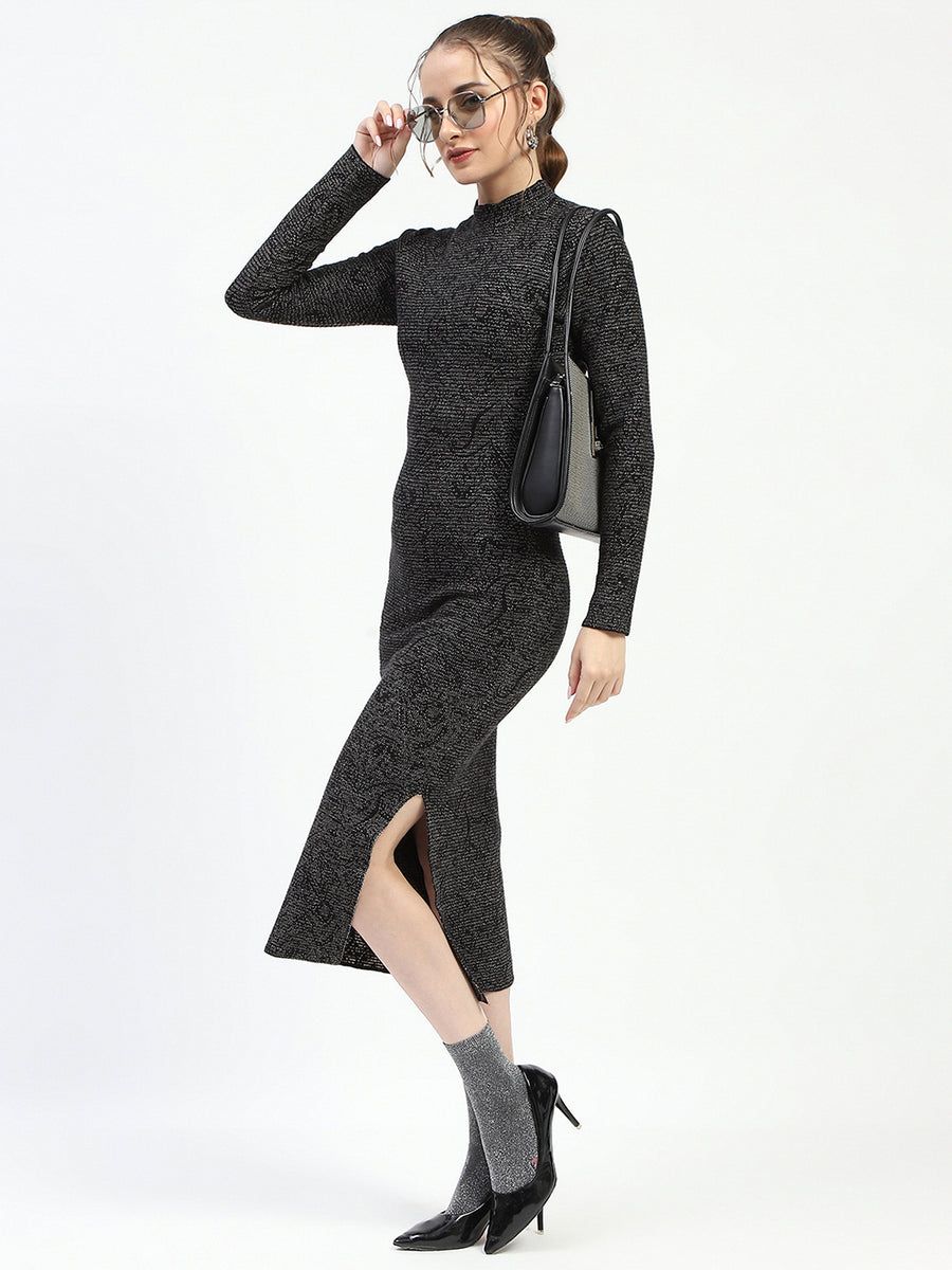 Madame Black Textured Bodycon Dress with Long Sleeves