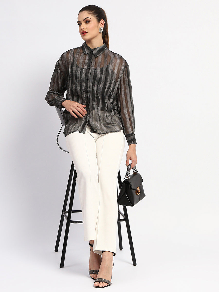 Madame Striped Collared Black Shirt