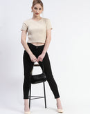 Madame Solid Beige Ribbed Crew Neck Crop Top