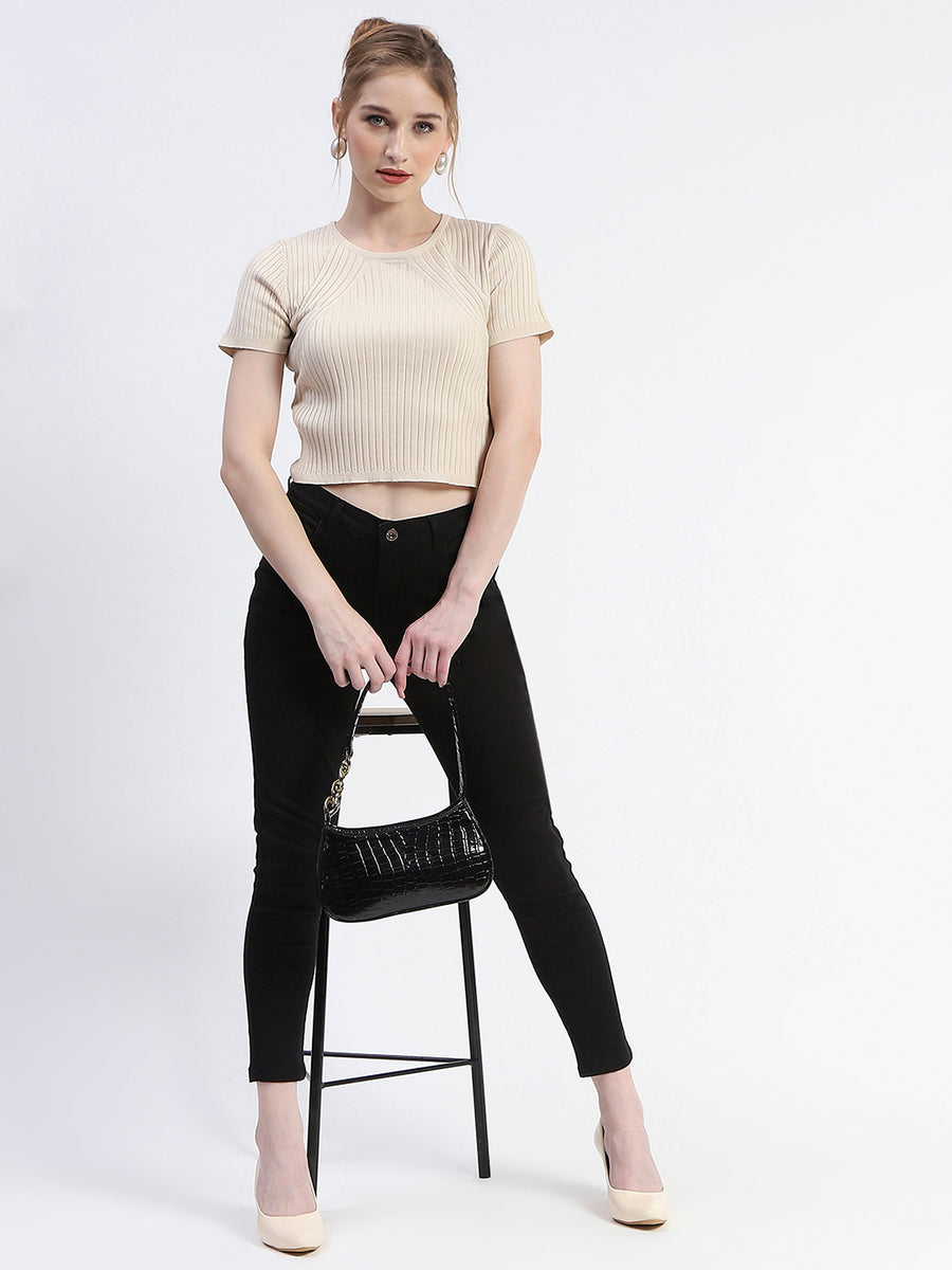 Madame Solid Beige Ribbed Crew Neck Crop Top