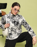 Madame Abstract Print Mock Neck Off White Sweater