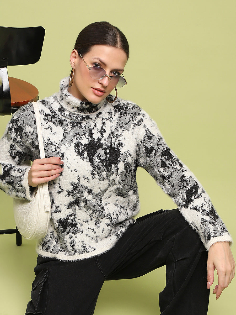 Madame Abstract Print Mock Neck Off White Sweater