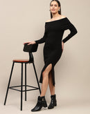 Madame Off Shoulder Side Slit Black Bodycon Midi Dress