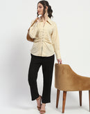 Madame Ruched Waist Wing Necked Solid Beige Cotton Shirt