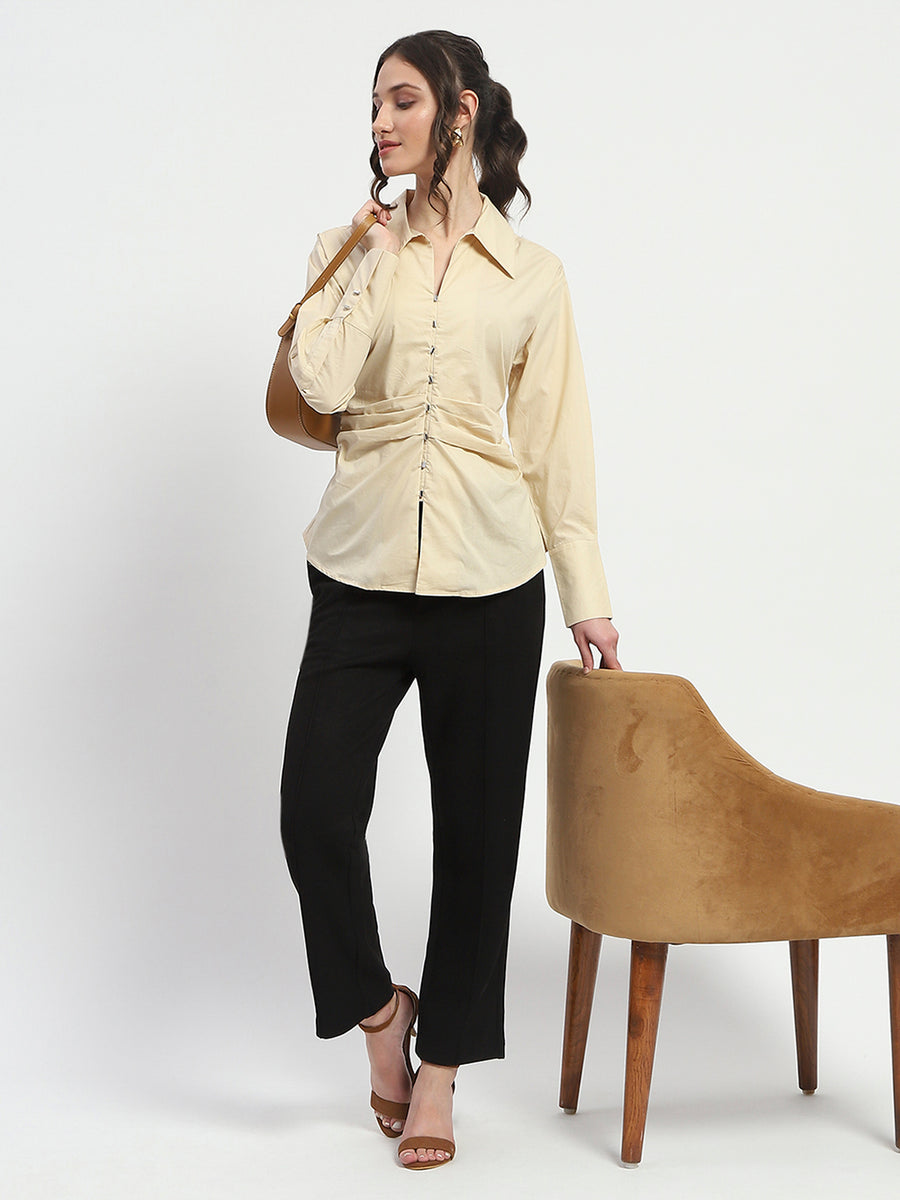 Madame Ruched Waist Wing Necked Solid Beige Cotton Shirt