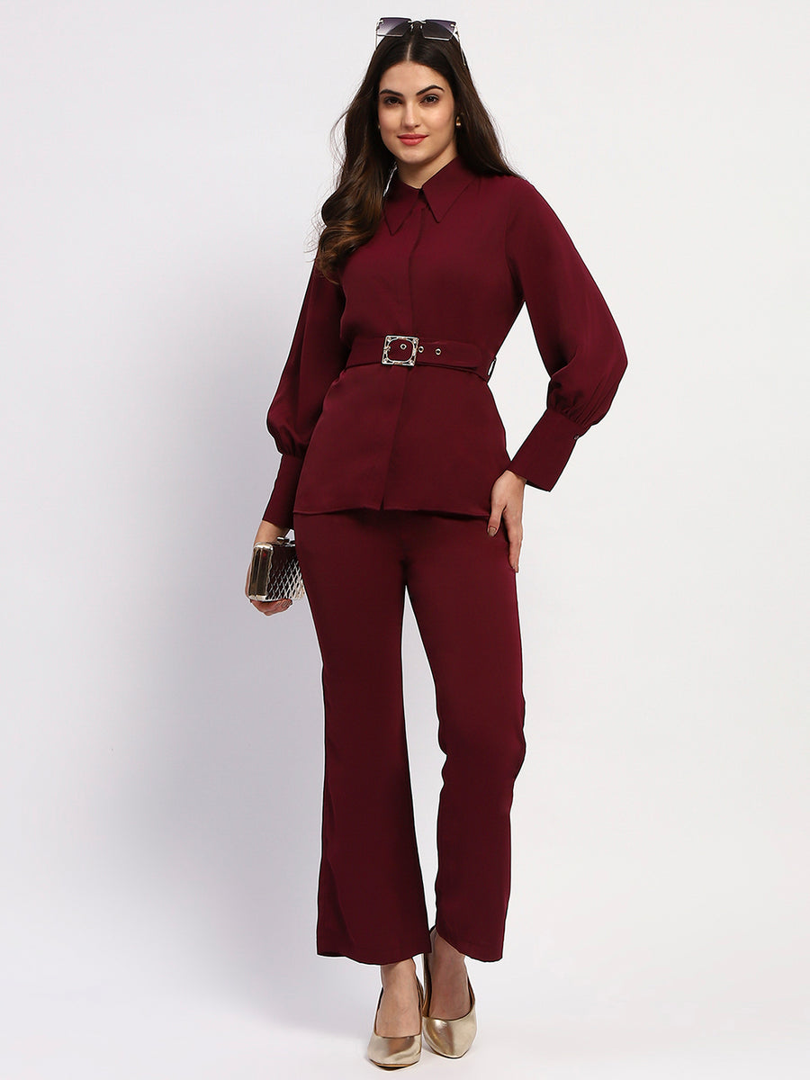 Madame Purple Belted Shirt and Wide-Leg Bottom Ensemble