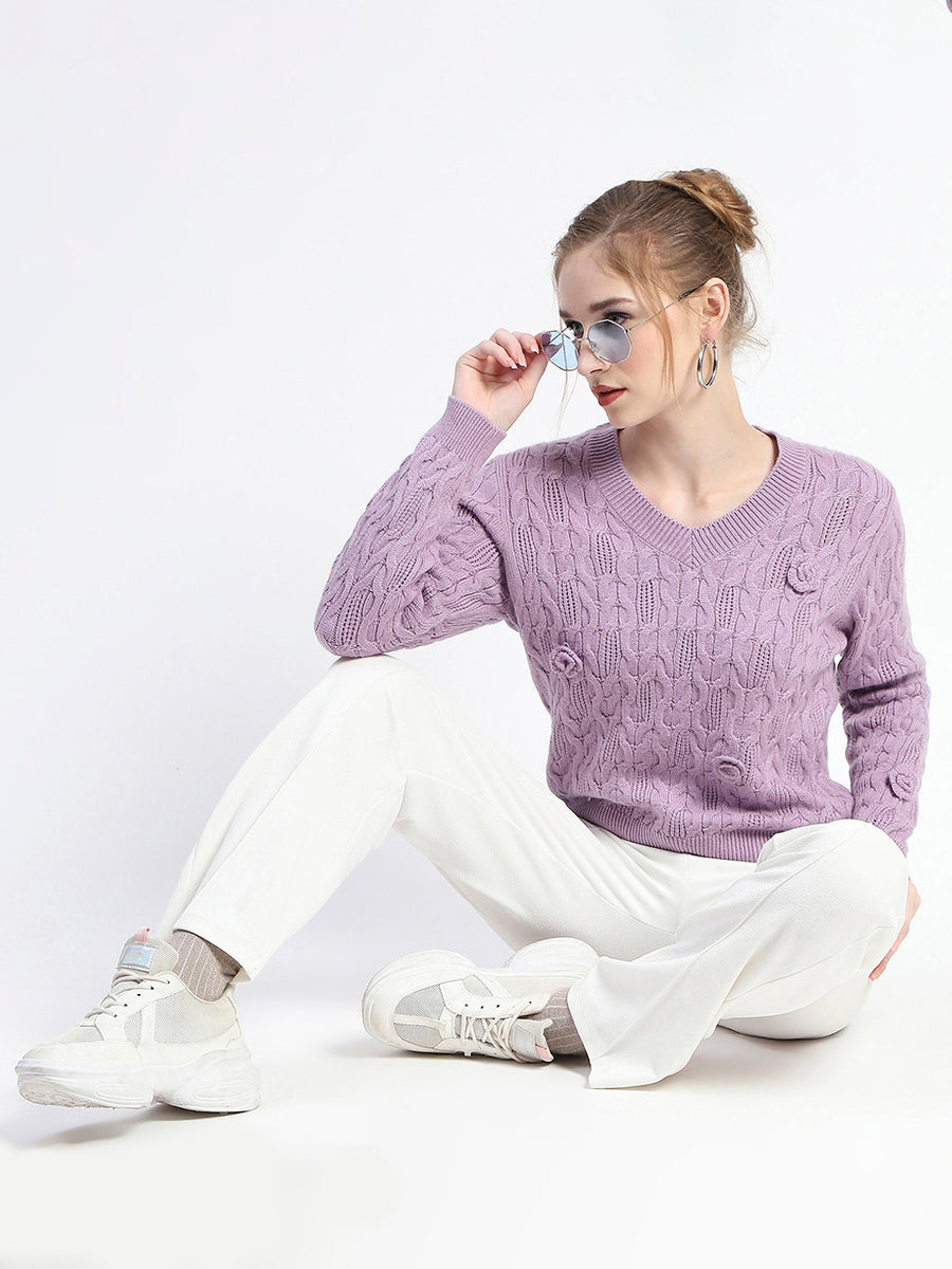 Madame Cable Knit Applique Flower Mauve Sweater