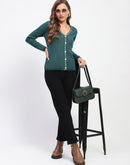 Madame Geometric Pattern V Neck Green Cardigan