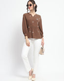 Madame Solid Chocolate Brown Embroidery Detailed Cotton Top