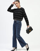 Madame Black Striped Cropped Sweater with Sparkle Detailing