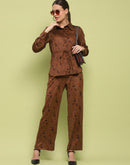 Madame Suede Belted Drawstring Top And Bottom Printed Brown Ensemble