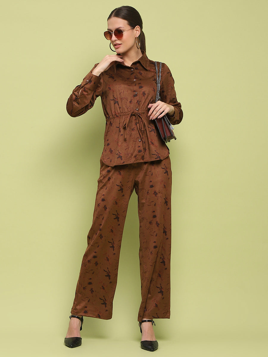 Madame Suede Belted Drawstring Top And Bottom Printed Brown Ensemble