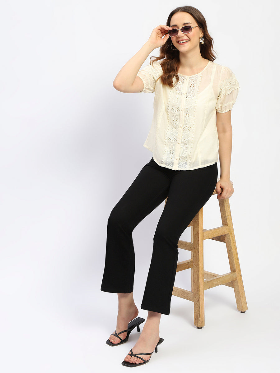 Madame Semi Sheer Off White Laced Cotton Top