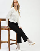 Madame Textured Round Neck Off White Zip Up Knit Top