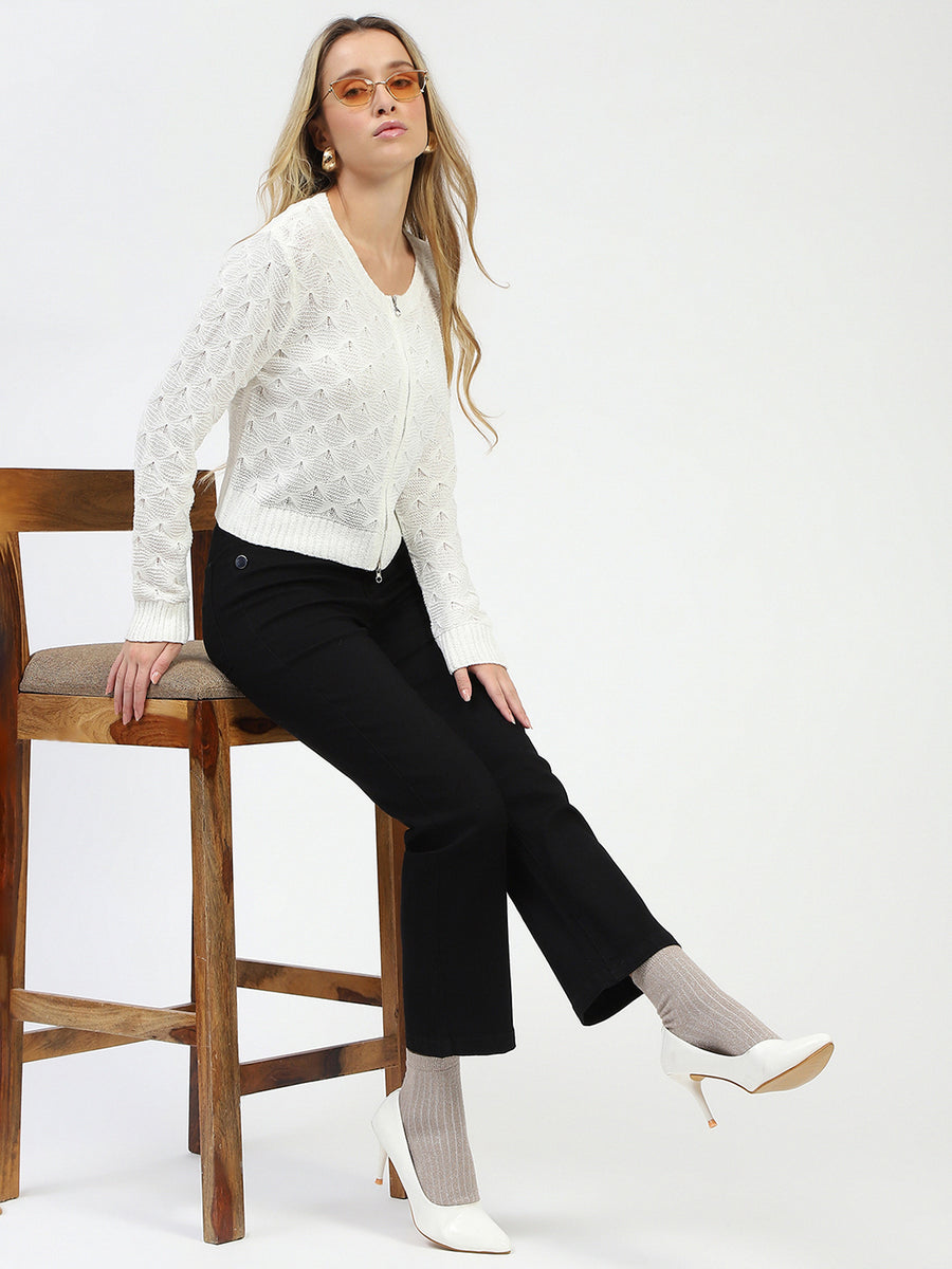 Madame Textured Round Neck Off White Zip Up Knit Top