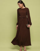 Madame Pleated Front Buckle Detailed Solid Chocolate Maxi Dress