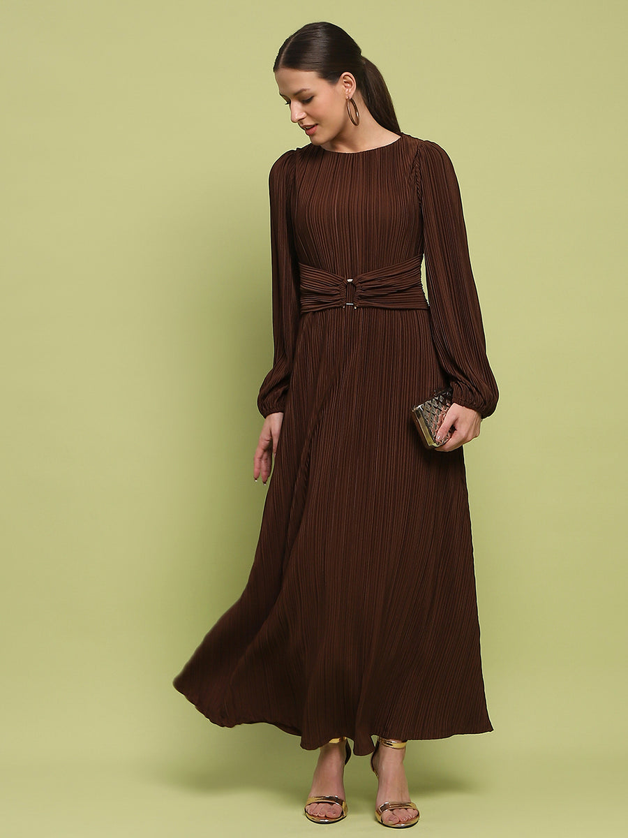 Madame Pleated Front Buckle Detailed Solid Chocolate Maxi Dress