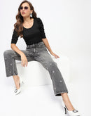 Madame Embellished Gray Wash Straight Fit Black Denim