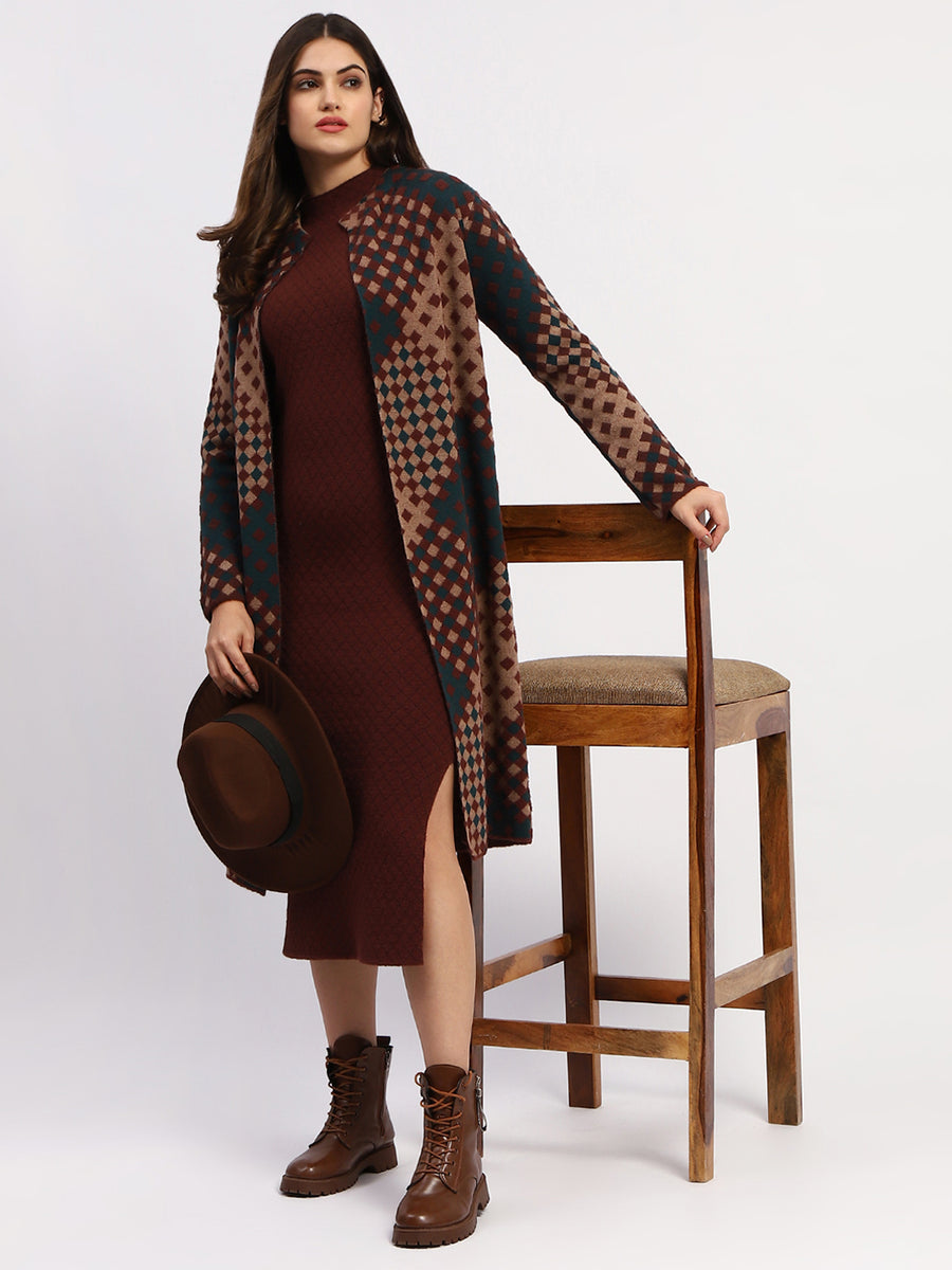 Madame Geometric Print Long Coat And Midi Dress Ensemble