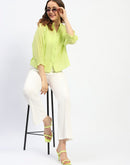 Madame Neon Green Mandarin Neck Frill Sleeve Buttoned Tencel Top