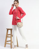 Madame Solid Coral Cable Knit Full Sleeve Cardigan