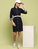 Madame Cotton Blend Belted Dark Indigo Mini Denim Dress