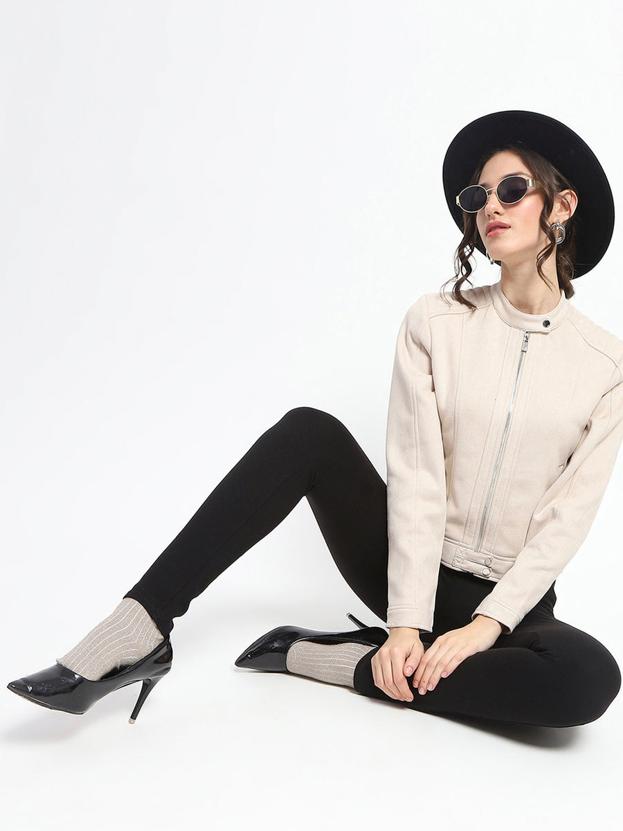 Madame Flap Collared Beige Suede Jacket