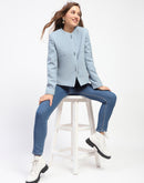 Madame Blue Crew Neck Buttoned Short Coat