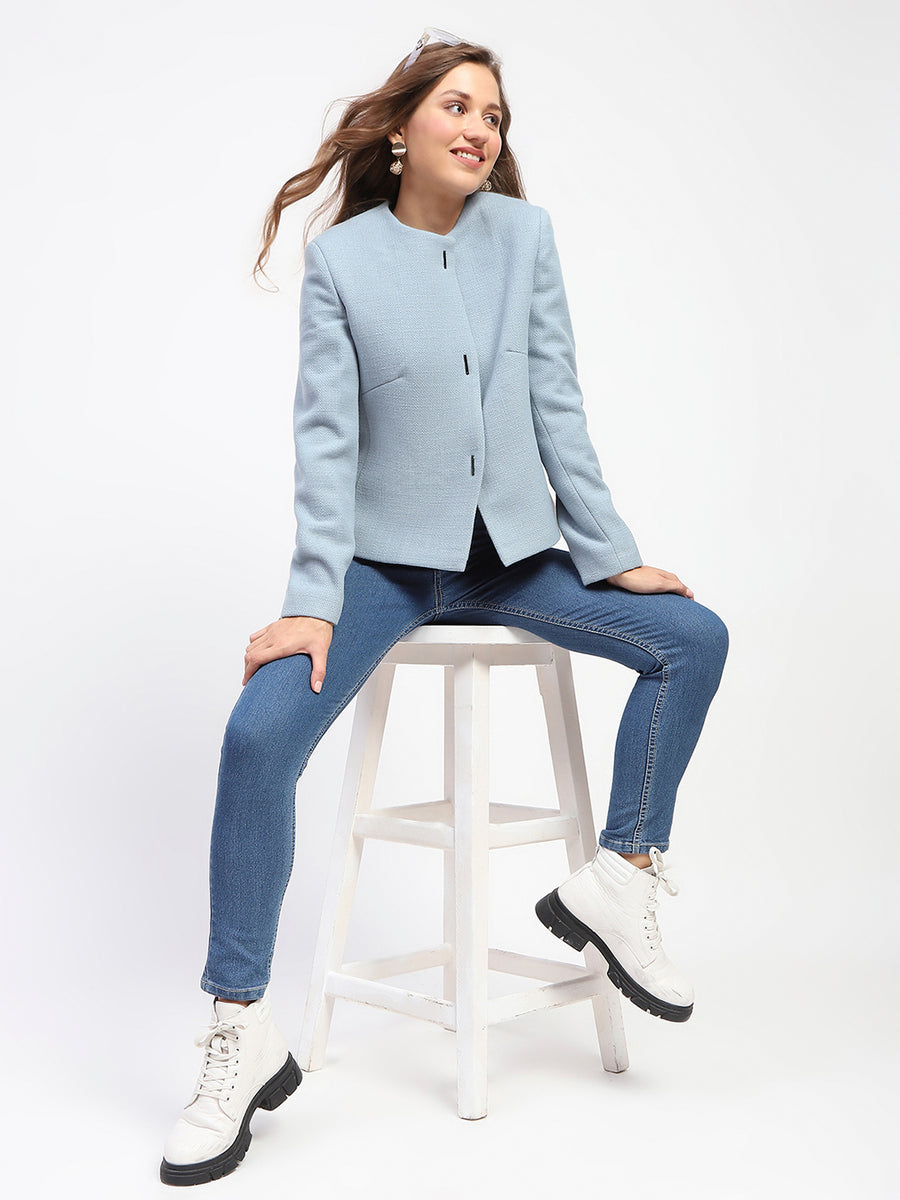 Madame Blue Crew Neck Buttoned Short Coat