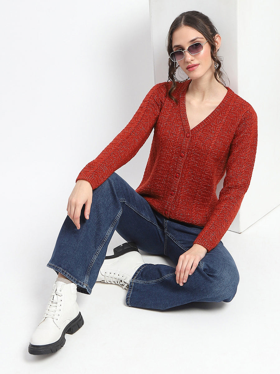 Madame Crew Neck Solid Rust Cardigan