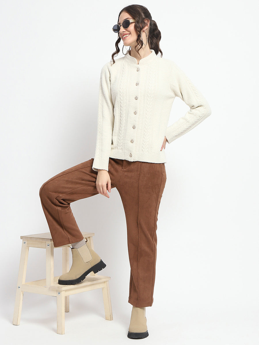 Madame Button Down Cable Knit Solid Beige Cardigan