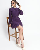 Madame Buckle Detailed Solid Purple Shirt Dress For Women