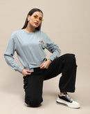 Madame Cotton Embroidery Detailed Light Sky Crop Sweatshirt