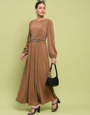 Madame Pleated Front Buckle Detailed Solid Golden Maxi Dress