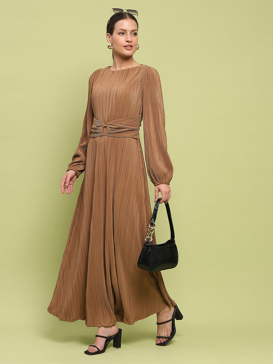 Madame Pleated Front Buckle Detailed Solid Golden Maxi Dress