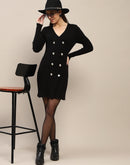 Madame Double Breasted V Neck Black Knitted Mini Dress