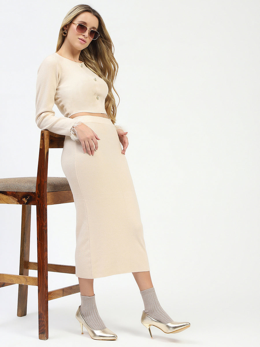 Madame Fur Sleeve Bodycon Beige Knit Co-ord Set