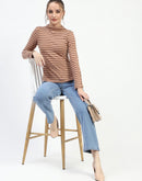 Madame Mock Neck Striped Button Detailed Sleeve Brown Top